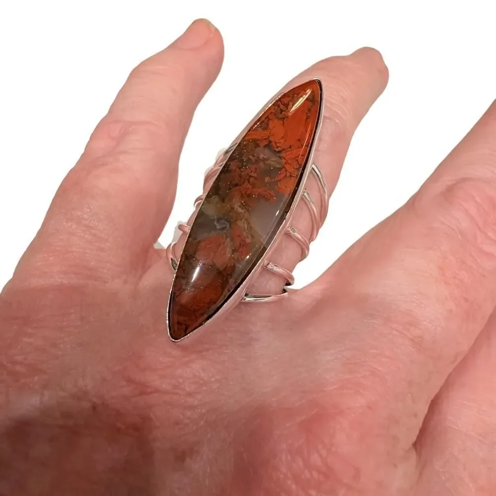Marquise Red Jasper Ring 925 Silver Plated Boho Statement Ring Size 8